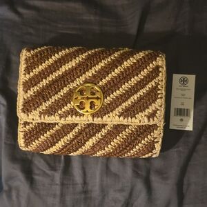 Tory Burch Gold and Brown Striped Clutch